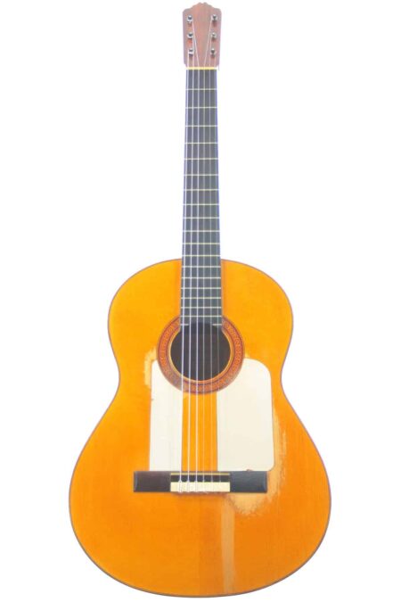 The Manuel Reyes 1967 Flamenco Guitar is a classical acoustic guitar with a wooden body, dark fretboard, and six strings, pictured upright against a white background.