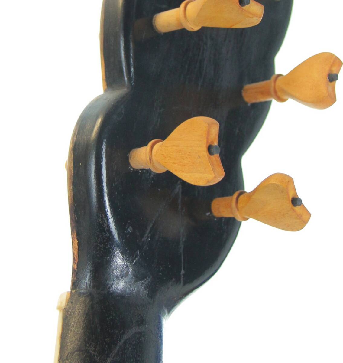 Close-Up Of The Karl Frey Baroque Guitar Headstock, Highlighting Four Wooden Side Tuning Pegs And A Smooth Wood Finish With Slight Edge Wear And Minor Chipping.