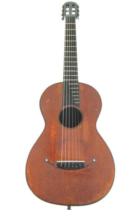 The Carl August Otto 1843 Romantic Guitar, featuring a dark brown wooden body, six strings, and a slotted headstock, is displayed against a white background.