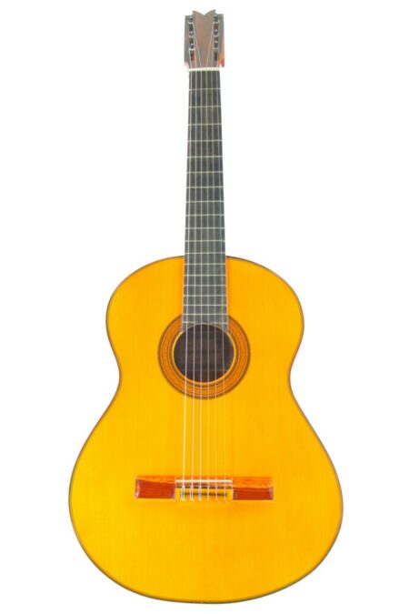 The Miguel Molero 2019 Flamenco Guitar features a light wood body, six strings, and a dark fingerboard, shown against a white background.