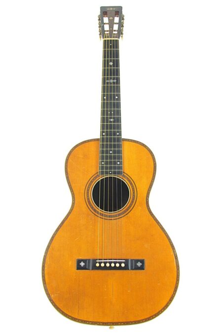 The Larson Brothers Maurer ~1930 Acoustic Guitar features a classic wooden body, six strings, dark fretboard, and slotted headstock, inspired by Larson Brothers and Maurer designs, shown on a white background.