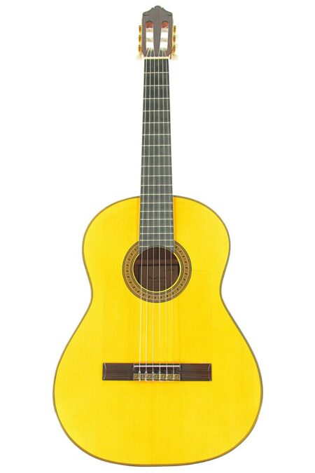 The Rafael Montes 2003 Flamenco Guitar, featuring a yellow wooden body, dark fretboard, six strings, and a decorative rosette around the sound hole, is displayed on a white background.