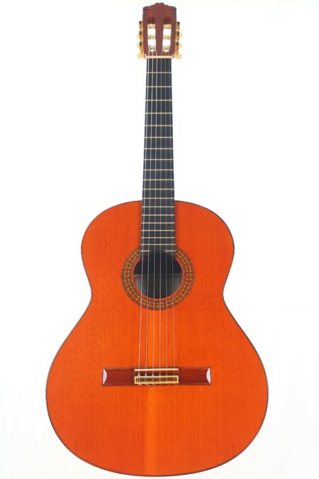 Die Ignacio Manzano Rozas Klassische Gitarre hat einen Holzkorpus, sechs Saiten, ein dunkles Griffbrett und eine dekorative Rosette um das Schallloch, die auf einem schlichten weißen Hintergrund abgebildet ist.