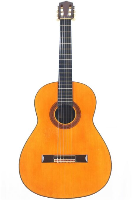 A Gerundino Fernandez 1965 Negra Flamenco Guitar with a wooden body and dark fretboard, featuring six strings, is shown standing upright against a white background.