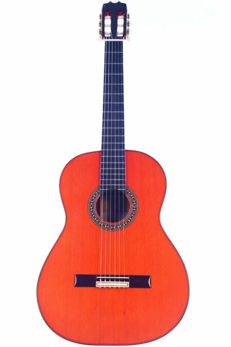 The Hermanos Conde 1998 Paco de Lucia Special Flamenco Guitar features a reddish-brown wood body, six strings, decorated sound hole, and dark fretboard, displayed upright against a white background.