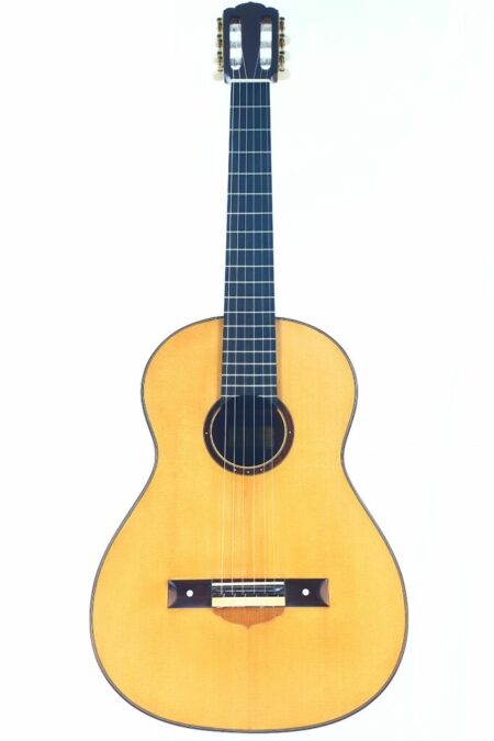 The Eugenio Riba 2015 Classical Guitar features a light wooden body, dark fretboard, and six strings, shown from the front against a white background.