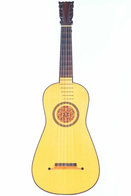 The Erwin von Grüner 1982 Baroque Guitar features a light wood body, six strings, a decorative rosette encircling the sound hole, and a dark headstock, displayed against a white background.