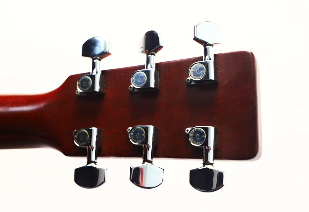 Close-Up Of The Back Of A Martin D-35 1979 Acoustic Guitar Headstock, Showcasing Six Chrome Tuning Pegs Against A Plain White Background.