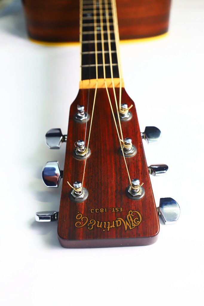 Close-Up Of A Martin D-35 1979 Acoustic Guitar Headstock With Six Tuning Pegs And Steel Strings, Set Against A White Background.