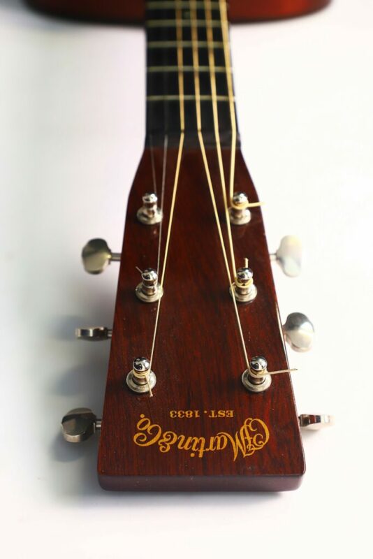 Close-up of the Martin OM-18 OM Authentic 1933 Acoustic Guitar’s headstock, featuring six tuning pegs and the gold Martin & Co. EST. 1833 logo engraved on dark wood; neck extends out of frame on a white background.