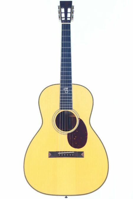 A front view of the Santa Cruz 00-Skye Acoustic Guitar, featuring a light-colored body, dark fretboard, decorative pickguard, six strings, and a simple, classic design.