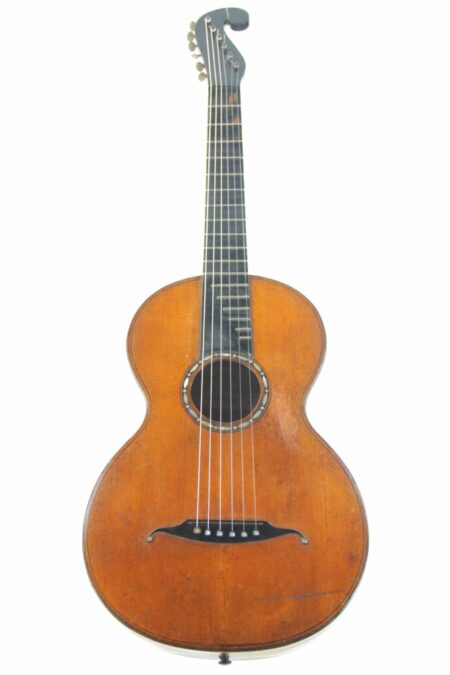 The Stauffer Style ~1830 Romantic Guitar features a rounded body, wooden finish, dark neck, six strings, vintage tuning pegs, and a decorative sound hole.