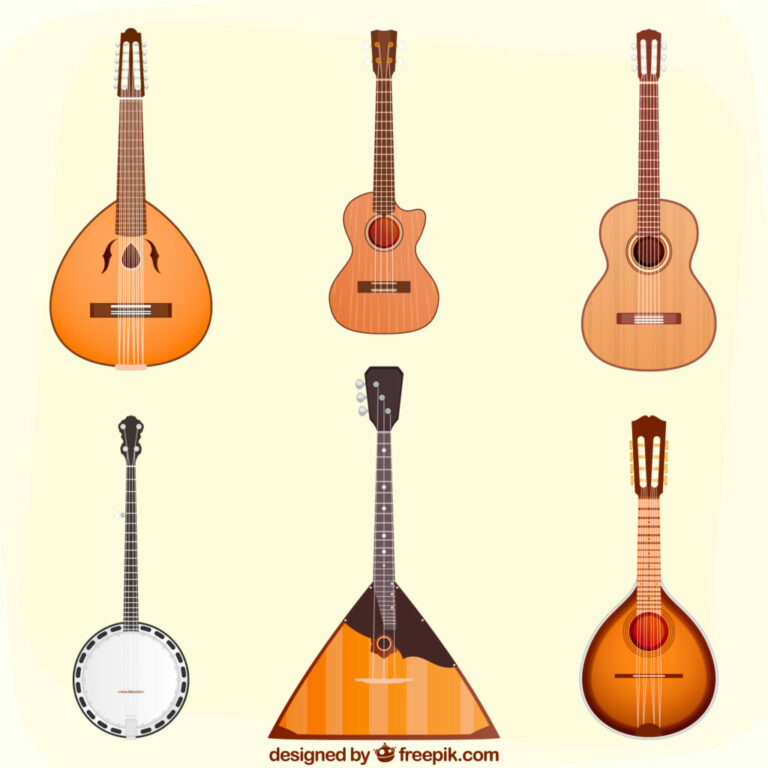 History Of The Guitar - Illustration Of Six Stringed Instruments: Two Mandolins, Three Different Guitars, A Banjo, And A Balalaika, All Shown Separately On A Light Background.