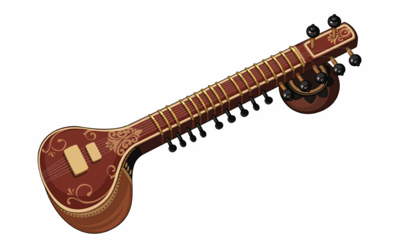 History Of The Guitar - Illustration Of A Sitar, A Traditional Indian Stringed Instrument With A Decorated Wooden Body, Multiple Tuning Pegs, And A Long Neck With Frets, Set Against A White Background.