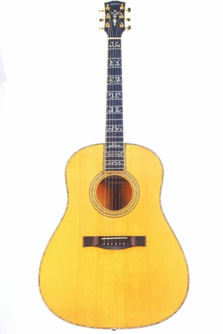 A full-front view of the Blazer 1995 D-45 style Acoustic Guitar with a natural wood finish, ornate fretboard inlays, and gold tuning pegs, photographed against a white background.