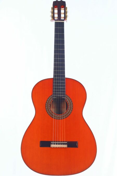 The Hermanos Conde 1999 Paco de Lucia Special Flamenco Guitar features a reddish-brown wooden body, dark fingerboard, and six strings, shown against a plain white background.