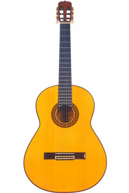 A full view of the José Ramirez 1a 2014 Flamenco Guitar, featuring a light wood body, dark fingerboard, and intricate rosette around the sound hole, displayed on a white background.