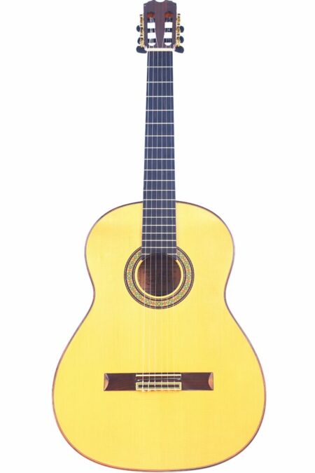 The José M Palmero 2024 Flamenco Guitar features a light wood body, dark fretboard, six strings, and detailed rosette design around the sound hole, shown on a white background.