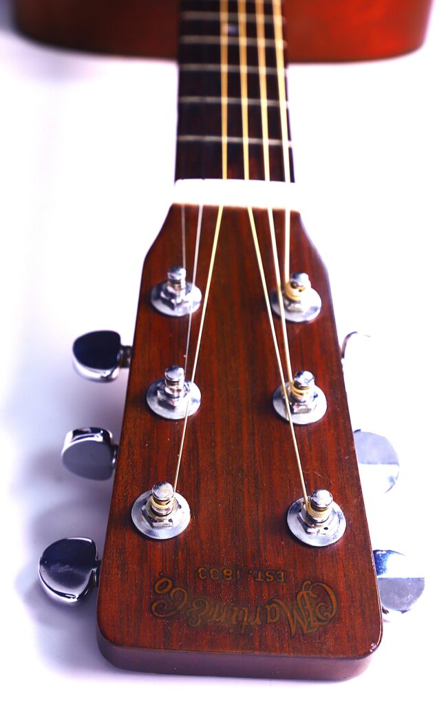 Close-Up Of A Martin D-18 1967 Acoustic Guitar Headstock With Six Tuning Pegs And Strings, Viewed From Above. The Martin &Amp; Co. Logo Is Visible On The Polished Wood Surface.