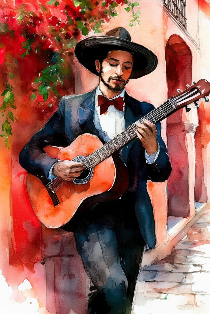 Flamenco Gitarre lernen - Ein Mann mit breitkrempigem Hut und Anzug spielt Gitarre auf einer sonnigen Straße, umgeben von roten Blumen und warmen Wänden