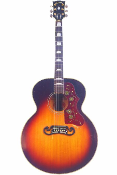 A Gibson J-200 1959 Acoustic Guitar with a sunburst finish, decorative red floral pickguard, large body, and white block fretboard inlays, photographed on a white background.
