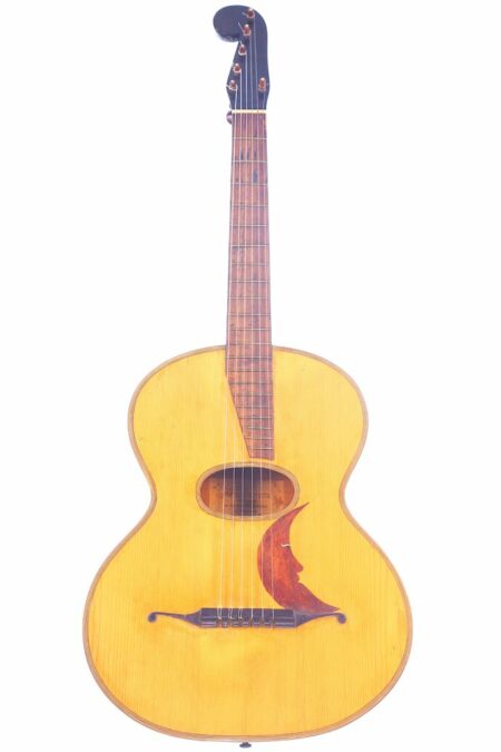 The Fratelli Rovetta 1880 Romantic Guitar features a light wood body, dark headstock, and red swoosh-shaped pickguard by the sound hole, photographed on a white background.