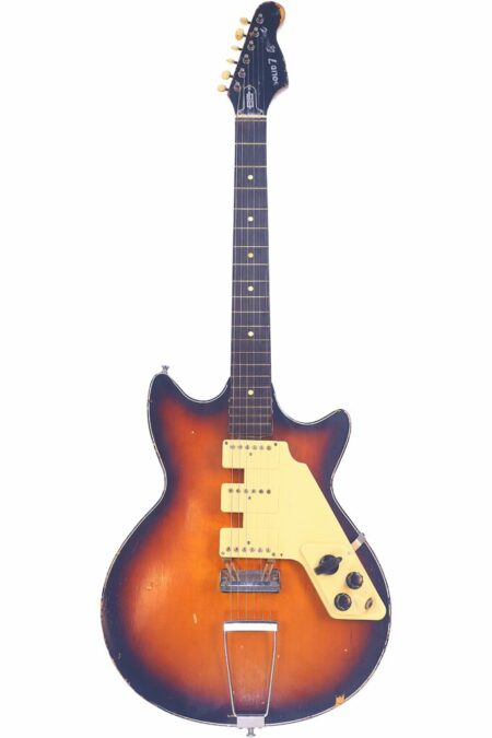 The Egmond Solid-7 1963 Electric Guitar features a sunburst finish, three cream pickups, matching pickguard and knobs. The body shows slight wear, while the dark neck with dot inlays stands out against a white background.