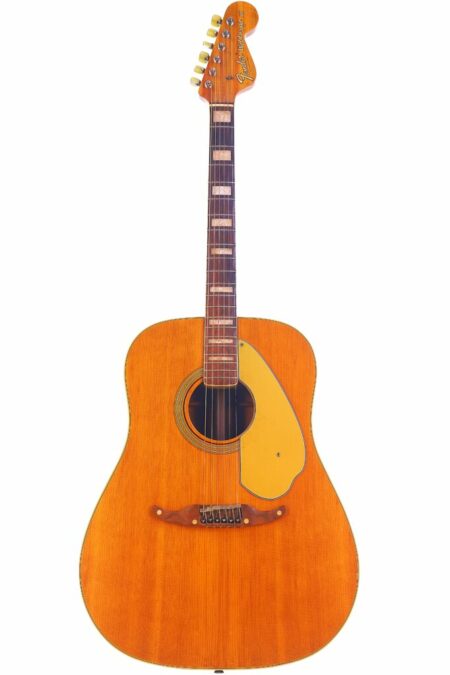 A full view of the Fender Wildwood 1967 Acoustic Guitar with a natural wood finish, white fretboard inlays, yellow pickguard, and a headstock featuring tuning pegs and the Fender logo.
