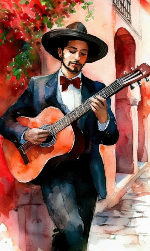 Ein Mann In Anzug, Roter Fliege Und Breitkrempigem Hut Spielt Akustische Flamenco-Gitarrenübungen, Während Er An Einem Sonnigen Tag Draußen Spazieren Geht, Umgeben Von Bunten Wänden Und Blühenden Blumen.