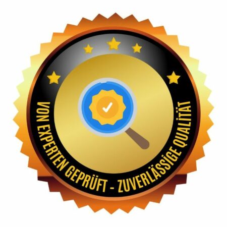 Ein goldenes und schwarzes Abzeichen mit Sternen, einer Lupe mit einem Häkchen im Inneren und dem deutschen Text Von Experten geprüft - Zuverlässige Qualität, der bedeutet.