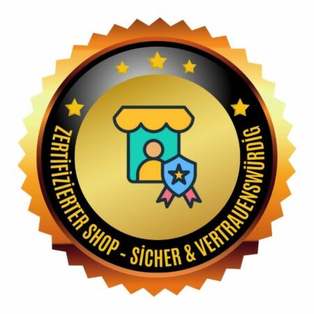 Ein goldenes und schwarzes Abzeichen mit Sternen und einem Ladensymbol, das ein Band mit einem Schild zeigt. Der Text in Deutsch lautet: Zertifizierter Shop - Sicher & Vertrauenswürdig (Certified Shop - Safe & Trustworthy).