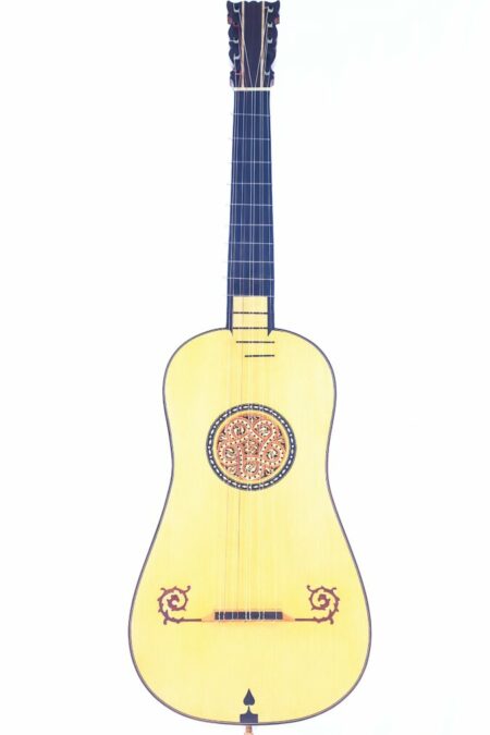 The Antonio Stradivari 1679 Baroque Guitar features a light wooden body, intricate rosette around the sound hole, and dark decorative accents on the bridge and edges, shown against a white background.