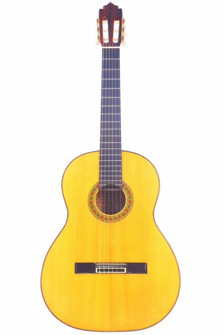 The Graciliano Perez 2011 Flamenco Guitar features a light wooden body, dark fretboard, and ornate rosette around the sound hole, photographed against a white background.
