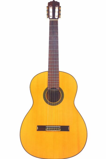 The Tomatito Mod. Alcazaba 2009 Flamenco Guitar features a light wooden body, dark fretboard, and six nylon strings, displayed upright against a white background.