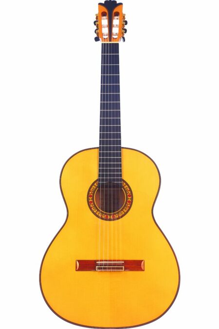 The Alhambra Vilaplana 2021 Flamenco Guitar features a light wooden body, dark fretboard, and decorative rosette around the sound hole, shown against a plain white background.