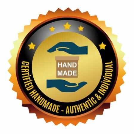 A gold and black badge with two hands holding a box labeled HANDMADE. Text around the badge reads CERTIFIED HANDMADE - AUTHENTIC & INDIVIDUAL with star accents.