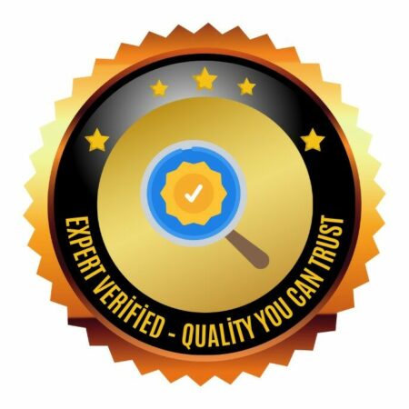 Gold and black badge with stars, a magnifying glass, and a check mark in the center. Text reads EXPERT VERIFIED - QUALITY YOU CAN TRUST around the border.