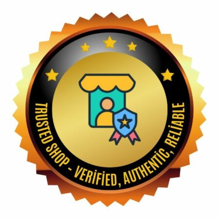 A gold and black badge with stars and a store icon in the center, featuring a shield with a ribbon. The text reads: Trusted Shop - Verified, Authentic, Reliable.