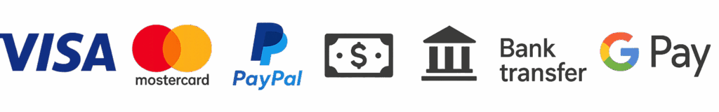 Payment method icons: Visa, Mastercard, PayPal, a dollar bill symbol, bank transfer icon, and Google Pay logo, all displayed on a light background.