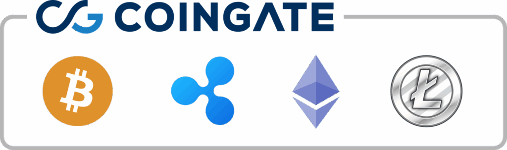 Logo of CoinGate at the top, with icons of four cryptocurrencies below: Bitcoin (orange with a B), Ripple (blue), Ethereum (purple diamond), and Litecoin (silver with an L).