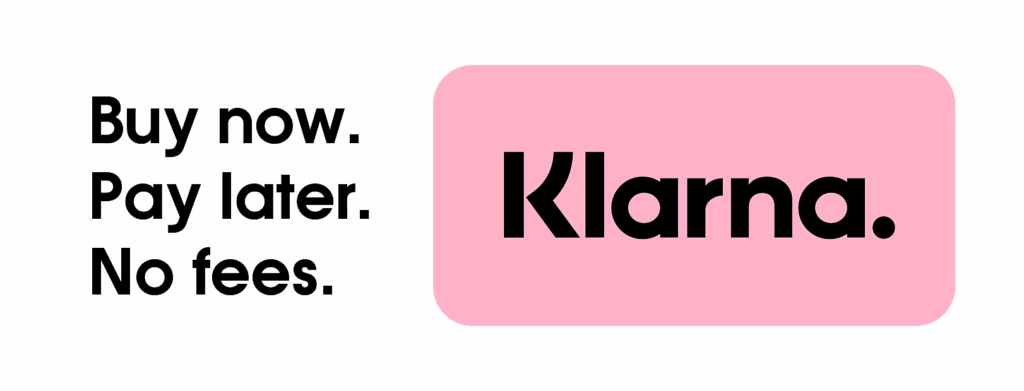 Text reads Buy now. Pay later. No fees. next to a pink rectangle with the word Klarna. in bold black font, on a light gray background.