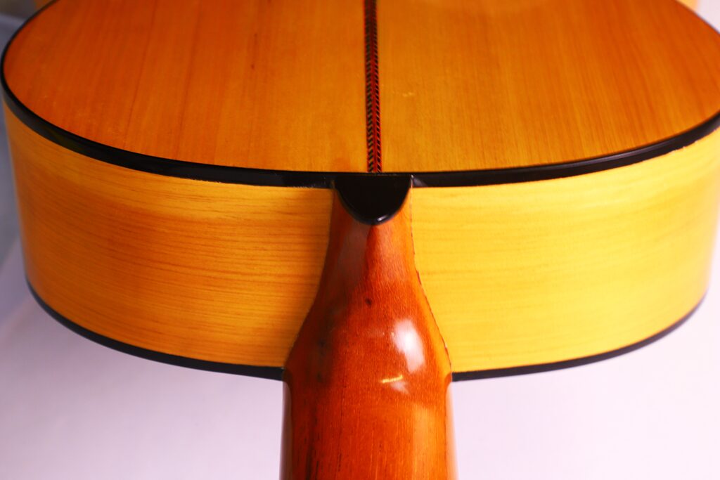 Nahaufnahme Der Verbindung Von Rückseite Und Hals Der Manuel Reyes Model 2021 Von Hippner Flamenco Gitarre, Die Die Holzmaserung, Das Glänzende Finish Und Die Schwarze Bindung Vor Einem Schlichten Hellen Hintergrund Hervorhebt.