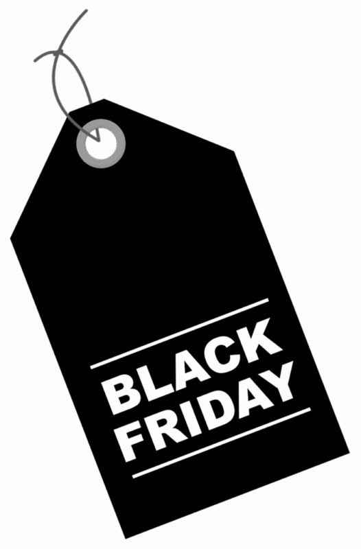 A black price tag with a string, featuring the bold white text BLACK FRIDAY separated by two horizontal lines.