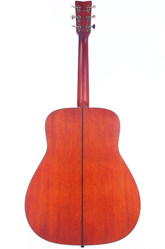 The Image Features The Yamaha Fg5 Acoustic Guitar, Highlighting Its Rich, Reddish-Brown Wood Back With A Visible Center Seam And Metal Tuning Pegs Atop The Neck.