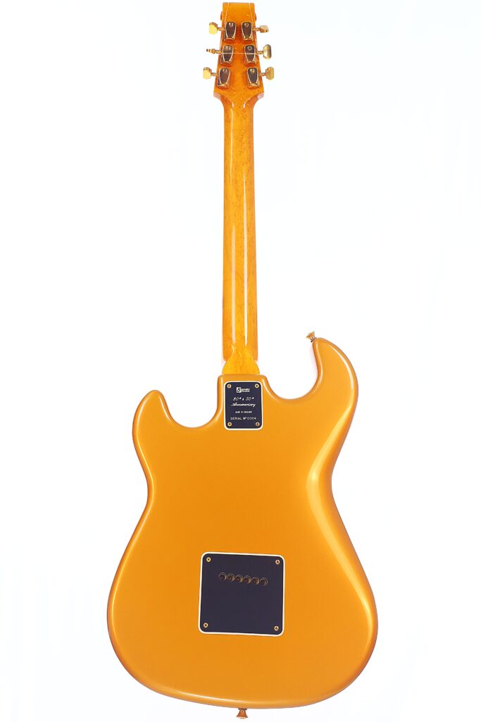 A Burns Legend 1994 Electric Guitar In Yellow, Viewed From The Back, With Gold Tuning Pegs, A Glossy Finish, And Two Black Plates On The Body Near The Neck And Lower Center.