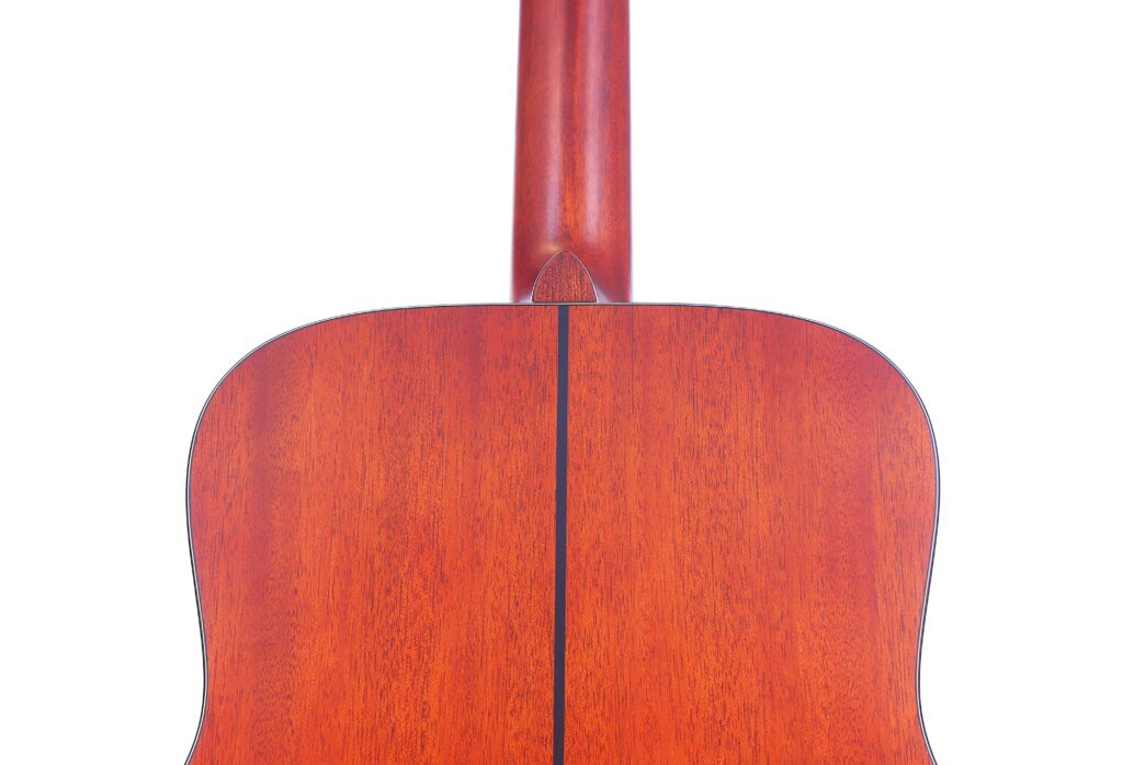 Close-Up Of The Yamaha Fg5 Acoustic Guitar’s Back, Featuring Polished Wood Grain And A Dark Center Seam, With The Neck Extending Upward Against A White Background.