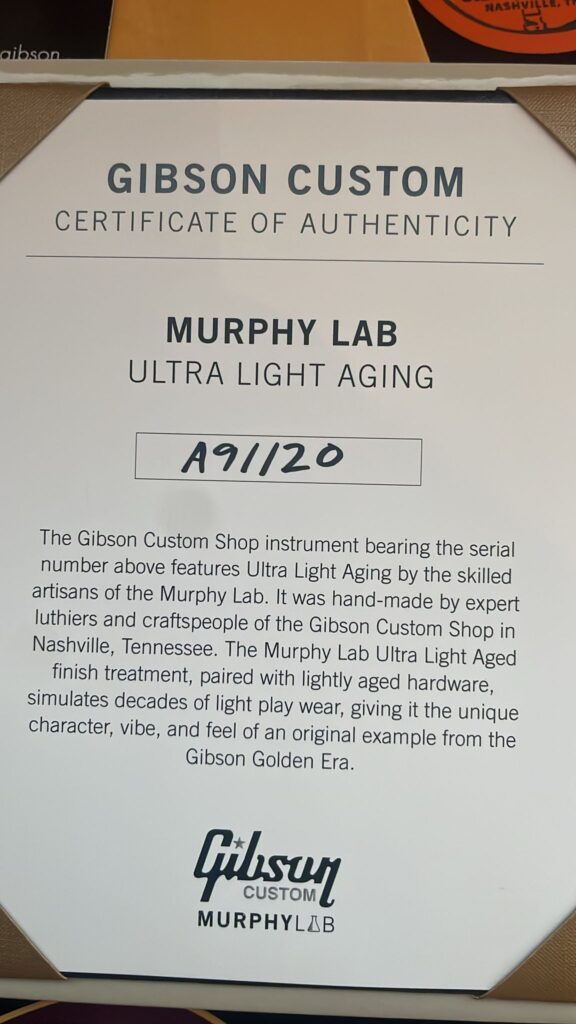 Ein Echtheitszertifikat Für Eine Gibson Es-335 Td Murphy Lab E-Gitarre, Mit Der Bezeichnung A91/120, Das Ihre Handwerkskunst Durch Den Gibson Custom Shop In Nashville, Tennessee, Detailliert Beschreibt.
