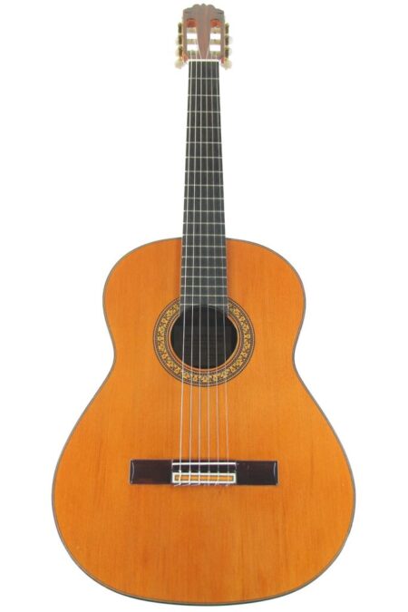 A Hermanos Sanchis Lopez 2007 Extra Concierto Classical Guitar with six strings, a dark fingerboard, and decorative rosette on its wooden body, photographed against a white background.