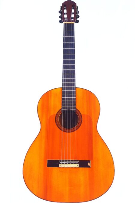 Die Manuel Reyes 1955 Flamenco Gitarre ist eine klassische Akustikgitarre mit sechs Saiten, einer natürlichen Holzoberfläche, einem dunklen Griffbrett und einem runden Schallloch auf weißem Hintergrund. Die Manuel Reyes 1955 Flamenco Gitarre ist eine klassische Akustikgitarre mit sechs Saiten, einer natürlichen Holzoberfläche, einem dunklen Griffbrett und einem runden Schallloch auf weißem Hintergrund.