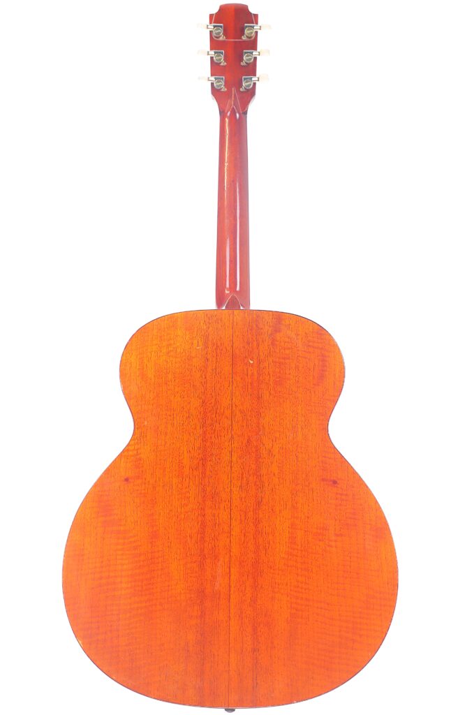 Das Bild Zeigt Die Rückseite Einer Lowden F-9 1980 Akustik Gitarre Mit Einer Glänzenden, Rötlich-Braunen Holzoberfläche. Oben Sind Auch Die Stimmwirbel Und Der Hals Zu Sehen.